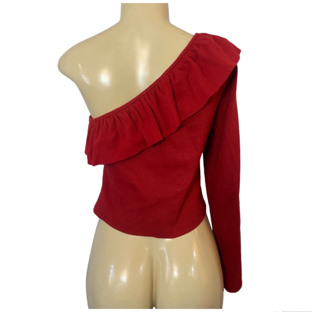 Anthropologie One Shoulder Long Sleeve Ruffle Top Red Medium - Picture 3 of 5